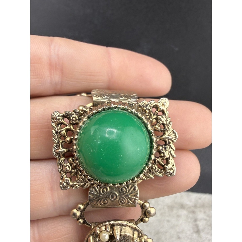 Vintage Victorian Revival Bracelet Green Stones Panel Gold Tone READ - Picture 4 of 12